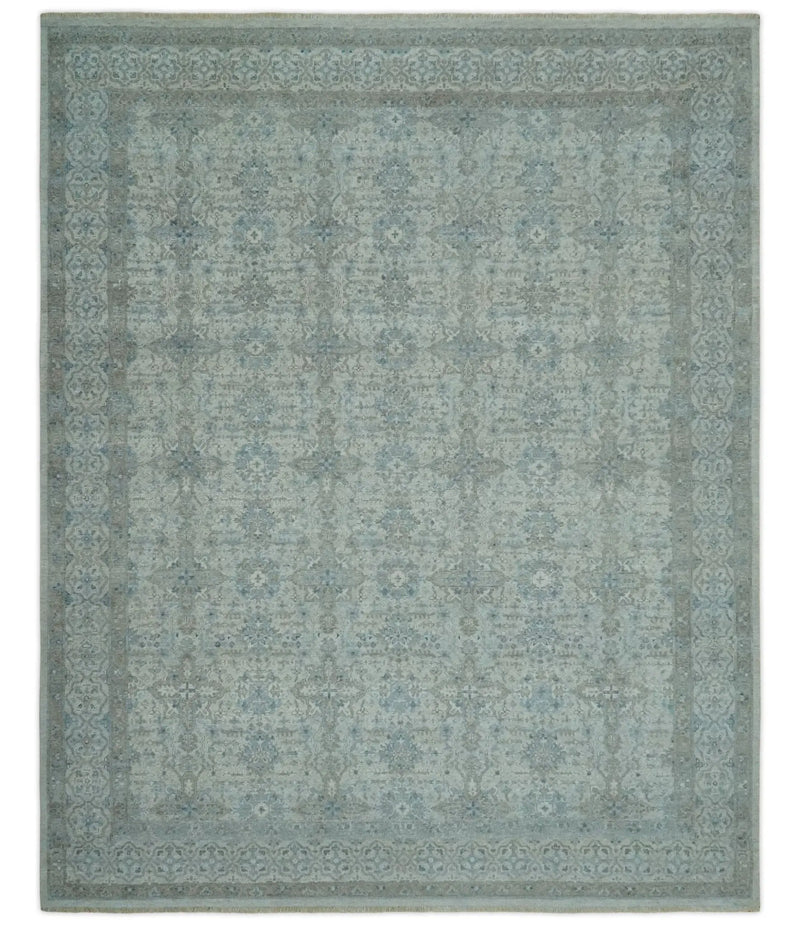 Antique Distress finish Silver, Teal and Brown Hand Knotted Traditional 8x10 wool Rug The Rug Decor