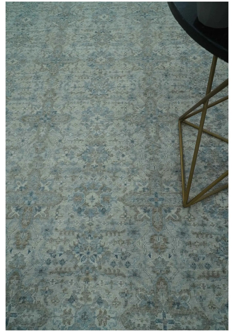 Antique Distress finish Silver, Teal and Brown Hand Knotted Traditional 8x10 wool Rug The Rug Decor