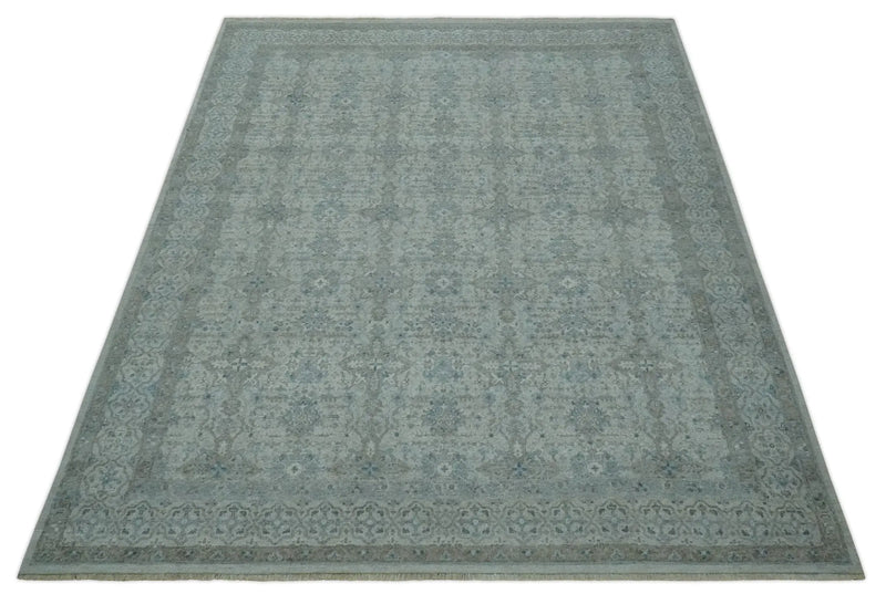 Antique Distress finish Silver, Teal and Brown Hand Knotted Traditional 8x10 wool Rug The Rug Decor