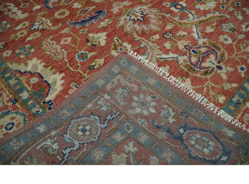 Antique Floral Style Rust, Teal, Ivory and Olive Hand Knotted Oriental Oushak 8x10 Wool Area Rug The Rug Decor