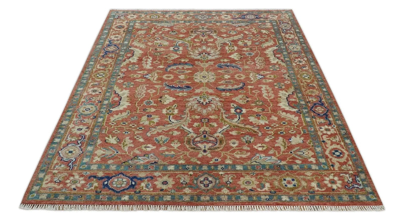 Antique Floral Style Rust, Teal, Ivory and Olive Hand Knotted Oriental Oushak 8x10 Wool Area Rug The Rug Decor