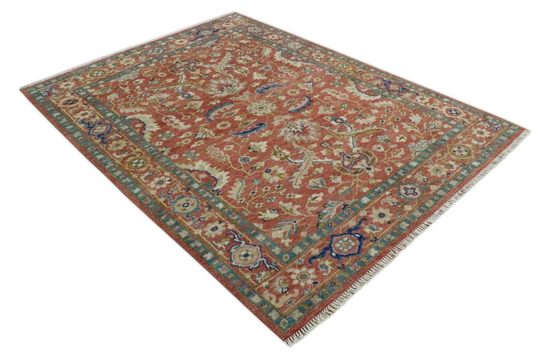 Antique Floral Style Rust, Teal, Ivory and Olive Hand Knotted Oriental Oushak 8x10 Wool Area Rug The Rug Decor