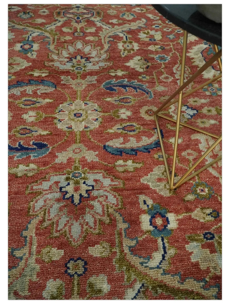 Antique Floral Style Rust, Teal, Ivory and Olive Hand Knotted Oriental Oushak 8x10 Wool Area Rug The Rug Decor