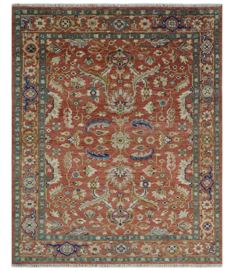 Antique Floral Style Rust, Teal, Ivory and Olive Hand Knotted Oriental Oushak 8x10 Wool Area Rug The Rug Decor
