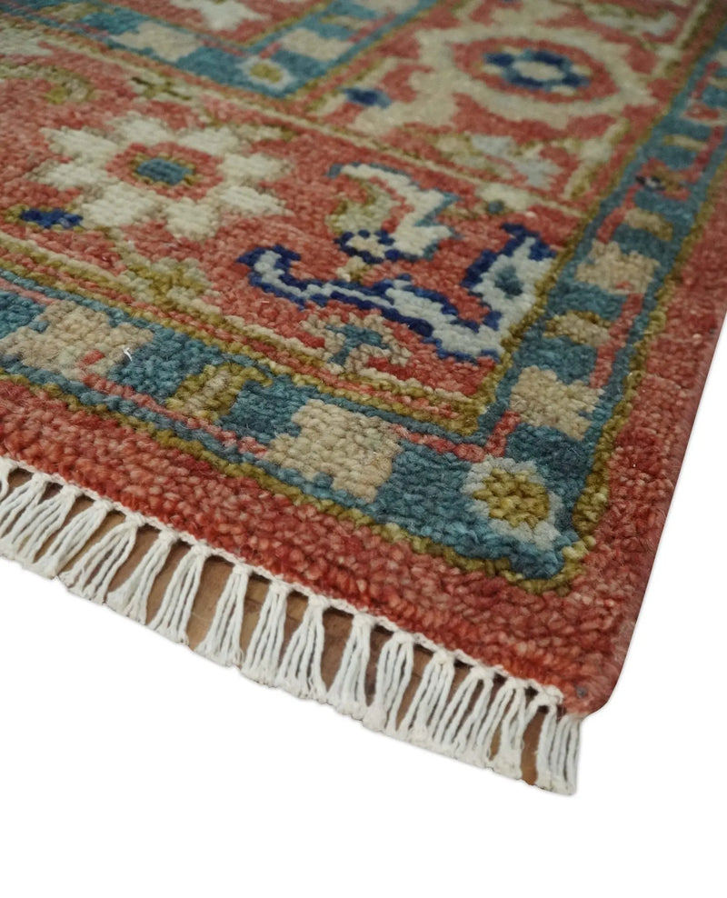 Antique Floral Style Rust, Teal, Ivory and Olive Hand Knotted Oriental Oushak 8x10 Wool Area Rug The Rug Decor