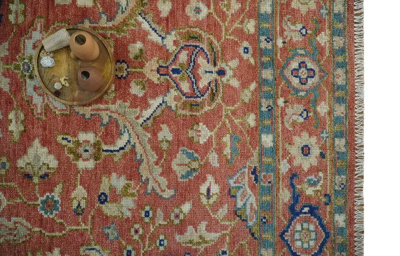 Antique Floral Style Rust, Teal, Ivory and Olive Hand Knotted Oriental Oushak 8x10 Wool Area Rug The Rug Decor