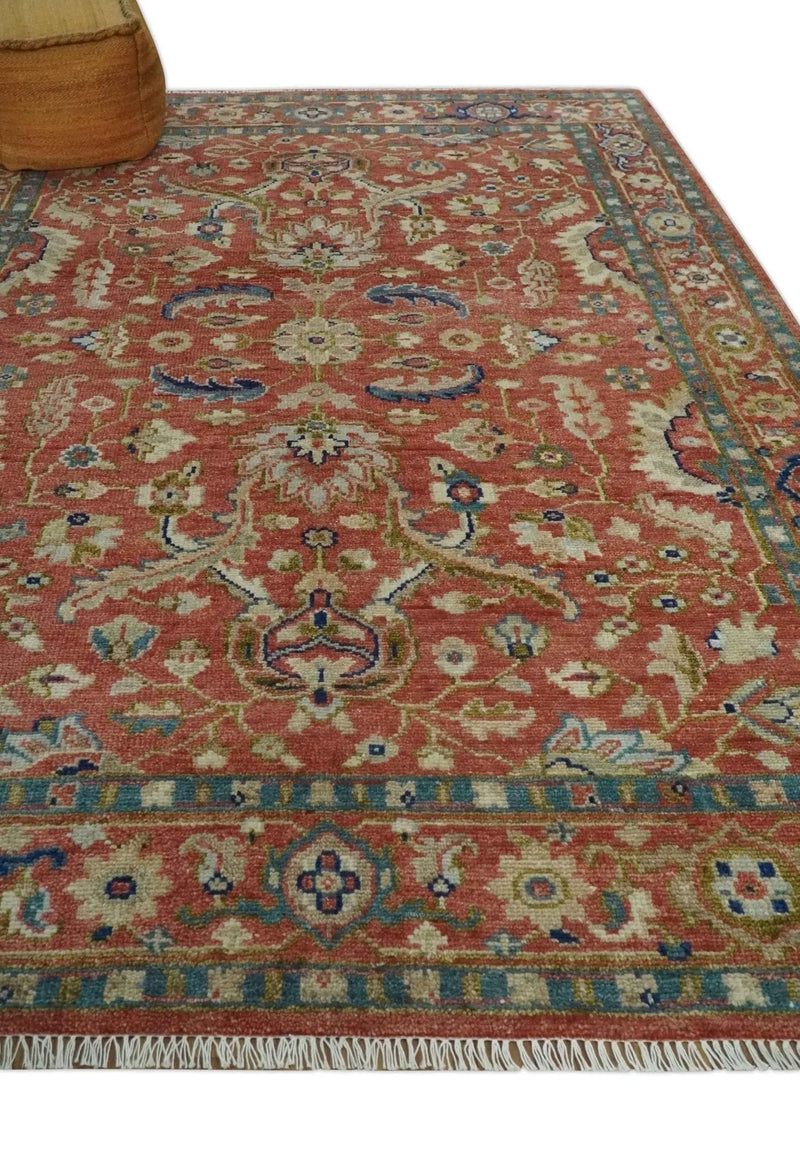 Antique Floral Style Rust, Teal, Ivory and Olive Hand Knotted Oriental Oushak 8x10 Wool Area Rug The Rug Decor