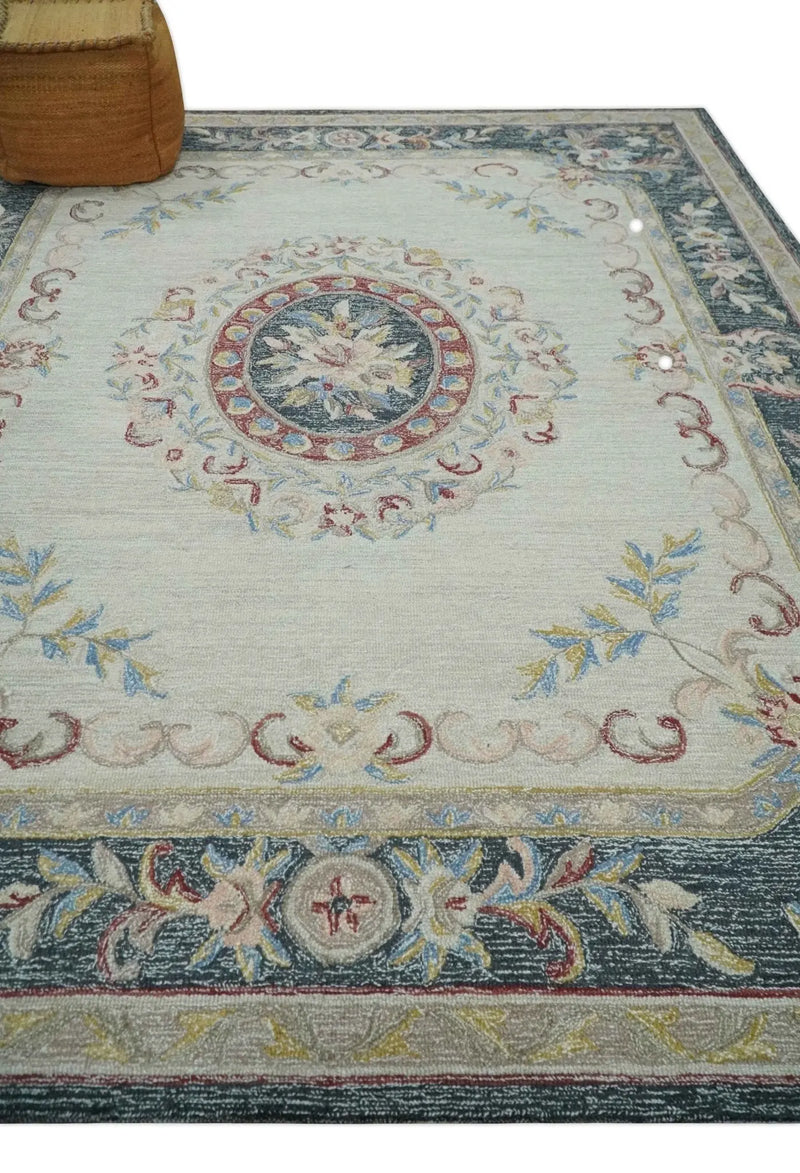 Antique Style Beige and Charcoal Aubusson design Hand Tufted 8x10 wool Area Rug The Rug Decor