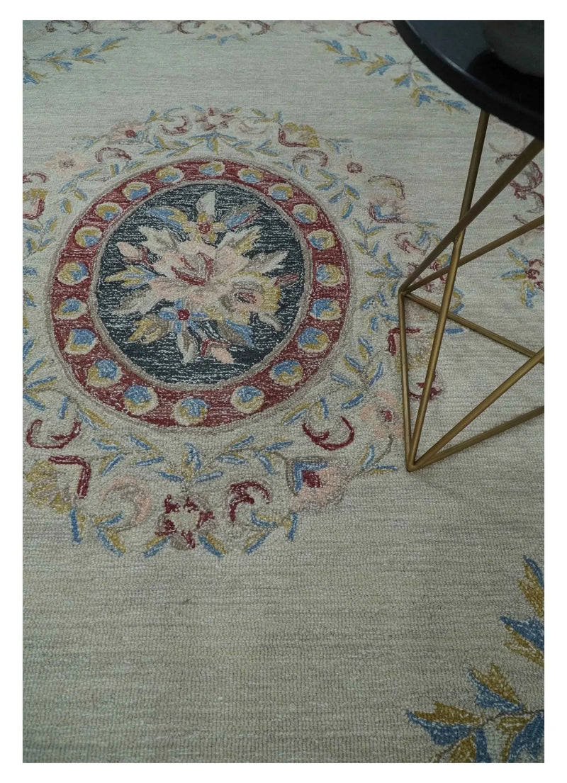 Antique Style Beige and Charcoal Aubusson design Hand Tufted 8x10 wool Area Rug The Rug Decor