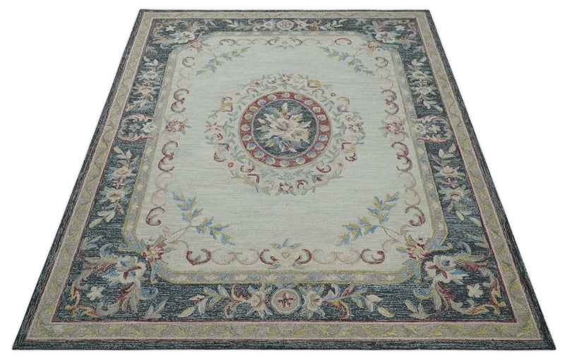 Antique Style Beige and Charcoal Aubusson design Hand Tufted 8x10 wool Area Rug The Rug Decor
