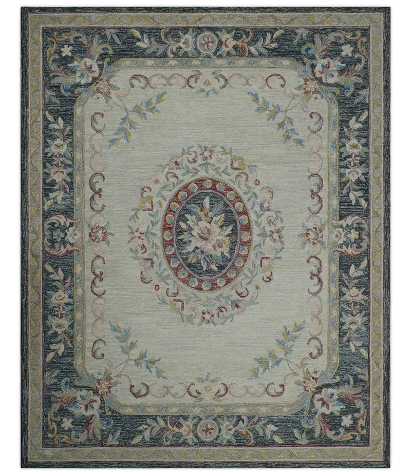 Antique Style Beige and Charcoal Aubusson design Hand Tufted 8x10 wool Area Rug The Rug Decor