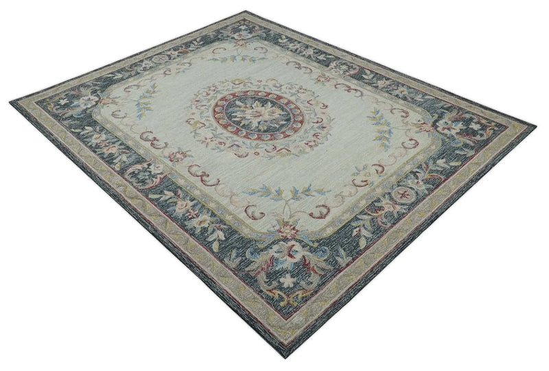 Antique Style Beige and Charcoal Aubusson design Hand Tufted 8x10 wool Area Rug The Rug Decor