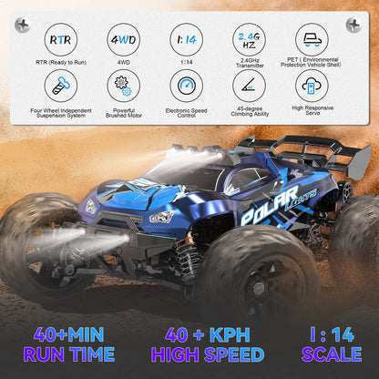 RC Cars for Adults Fast 40+MPH 1:14 Waterproof Off-Road RC Truck 4WD All Terrain High-Speed Remote Control Car Toy Gifts for Kids Boys, 2 Batteries