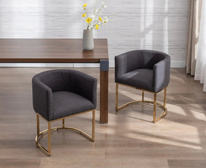 Modern Linen Dining Chair, Mid-Century Upholstered Barrel Kitchen Chairs Fabric Side Chair with Metal Legs and Curved Back for Living Room Dining Room Bedroom, Charcoal