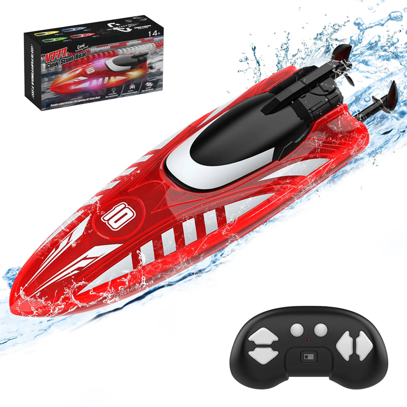 Remote Control Boat with LED Lights, 2.4G RC Electric Speed Boat, Waterproof, Includes Batteries - Red