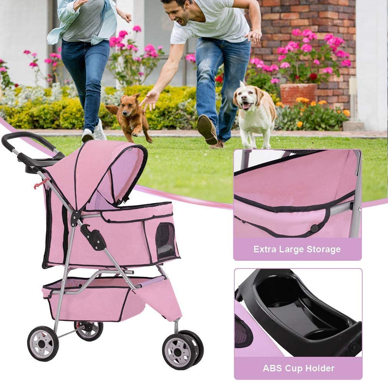 Stylish Pink Pet Stroller for Small Dogs & Cats – Waterproof, Easy to Travel with Cup Holder!