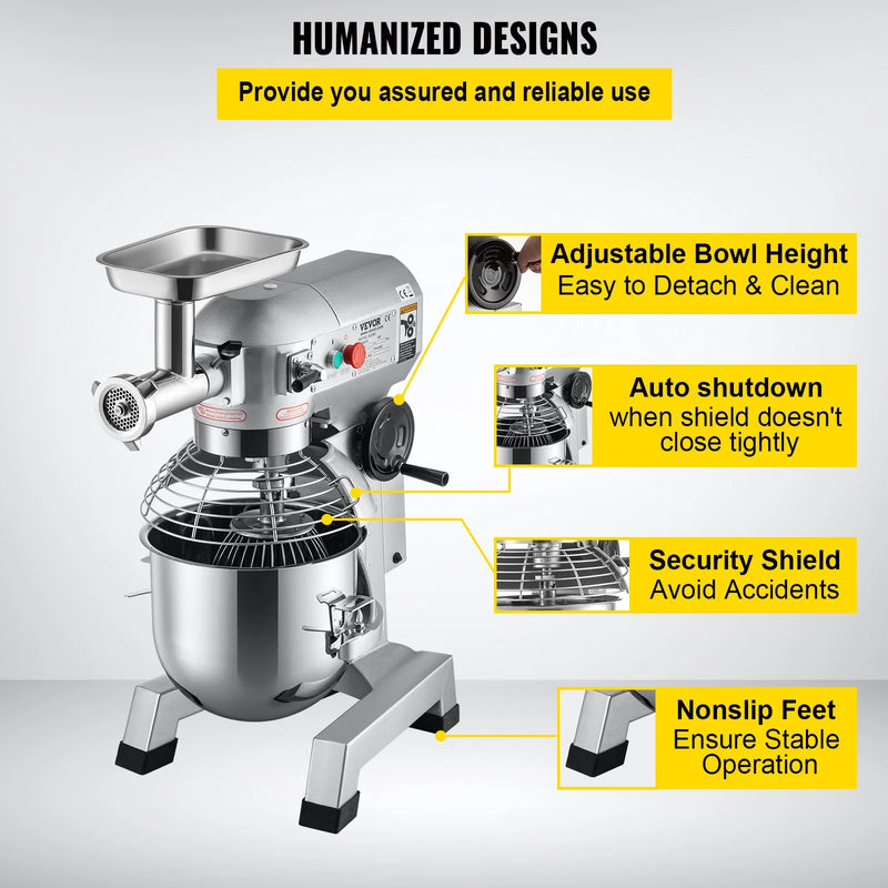 Professional 20Qt Commercial Electric Stand Mixer with 3 Speed Options and Meat Grinding Function
