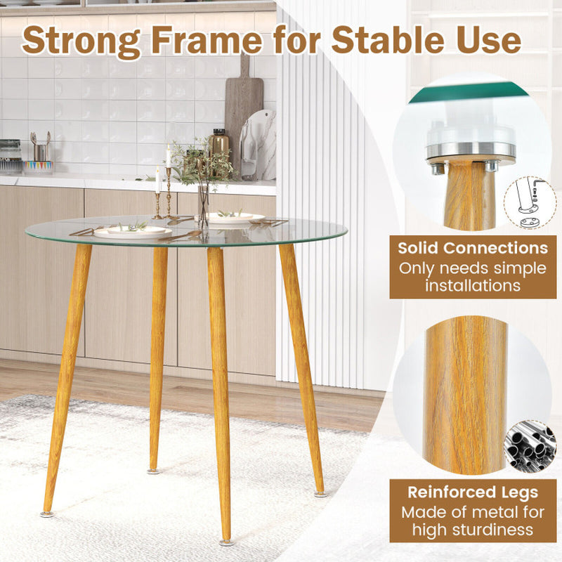 Round Glass Dining Table Leisure Coffee Table with Metal Legs