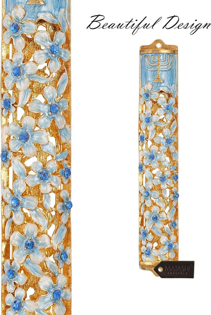 Hand Painted Blue and Ivory Enamel Flower Mezuzah Embellished with Gold Accents and Menorah Design Crystals Home Door Wall Decor Housewarming Present Gift for Festival(5.5 Inch)