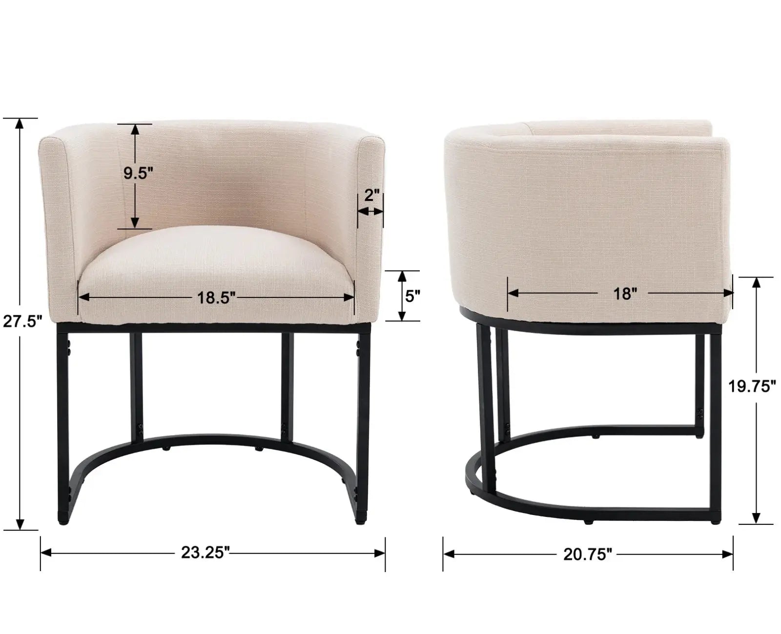 Modern Linen Dining Chair, Mid-Century Upholstered Barrel Kitchen Chairs Fabric Side Chair with Metal Legs and Curved Back for Living Room Dining Room Bedroom, Cream