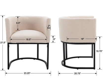 Modern Linen Dining Chair, Mid-Century Upholstered Barrel Kitchen Chairs Fabric Side Chair with Metal Legs and Curved Back for Living Room Dining Room Bedroom, Cream
