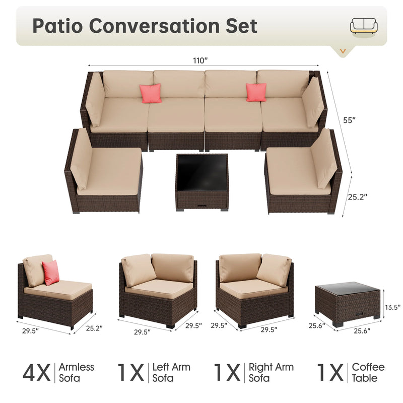 7 Piece Patio Furniture Set, Outdoor Furniture Patio Sectional Sofa, All Weather PE Rattan Outdoor Sectional with Cushion and Coffee Table.