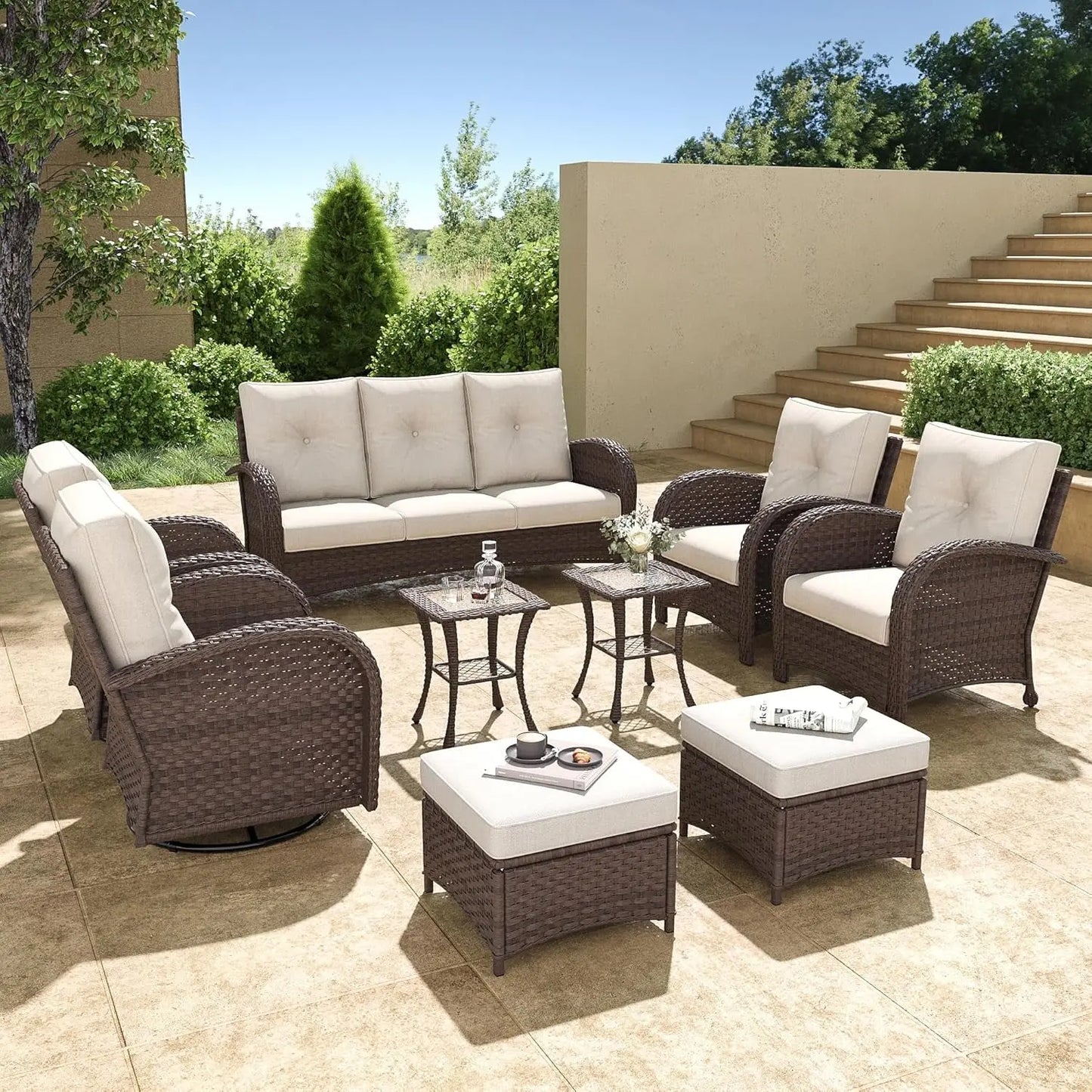 9 Pieces Wicker Patio Furniture Set, Luxury Outdoor Conversation Set with High Back Swivel Rocker Chairs