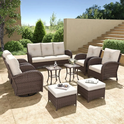 9 Pieces Wicker Patio Furniture Set, Luxury Outdoor Conversation Set with High Back Swivel Rocker Chairs