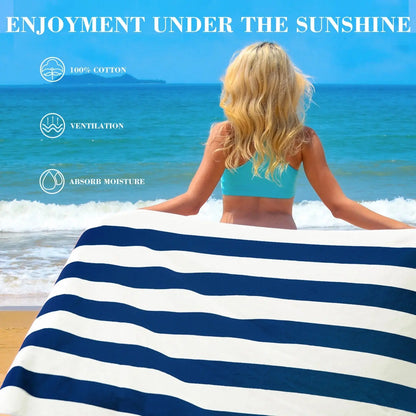 4-Pack Cotton Oversized 35"X70" Cabana Stripe Beach Towels, Super Absorbent Soft Plush Pool Towel, Bath Towel (Dark Navy)