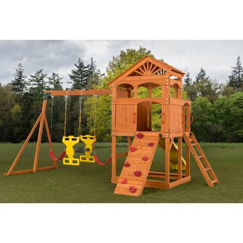 Timber Valley Wooden Playset with Wooden Roof, Glider Swing, Sandbox, Climbing Wall, Ladder, Slide & Belt Swings
