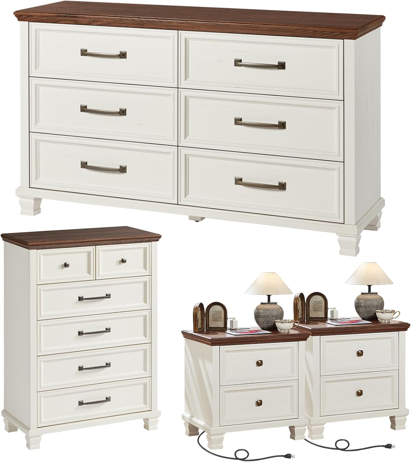 Charming Farmhouse Bedroom Dresser and Nightstand Set - Rustic 6 Drawer Tall & Low Dresser with 2 USB Ports and 2 Drawer Nightstand for Elegant Storage Solutions in White