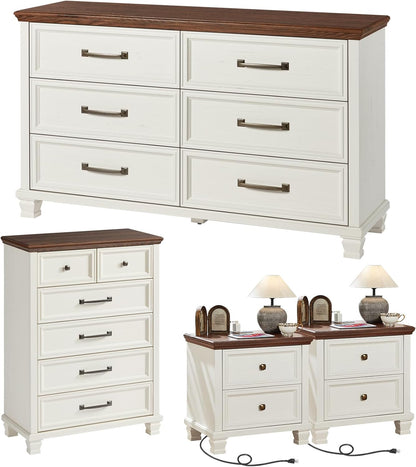 Charming Farmhouse Bedroom Dresser and Nightstand Set - Rustic 6 Drawer Tall & Low Dresser with 2 USB Ports and 2 Drawer Nightstand for Elegant Storage Solutions in White