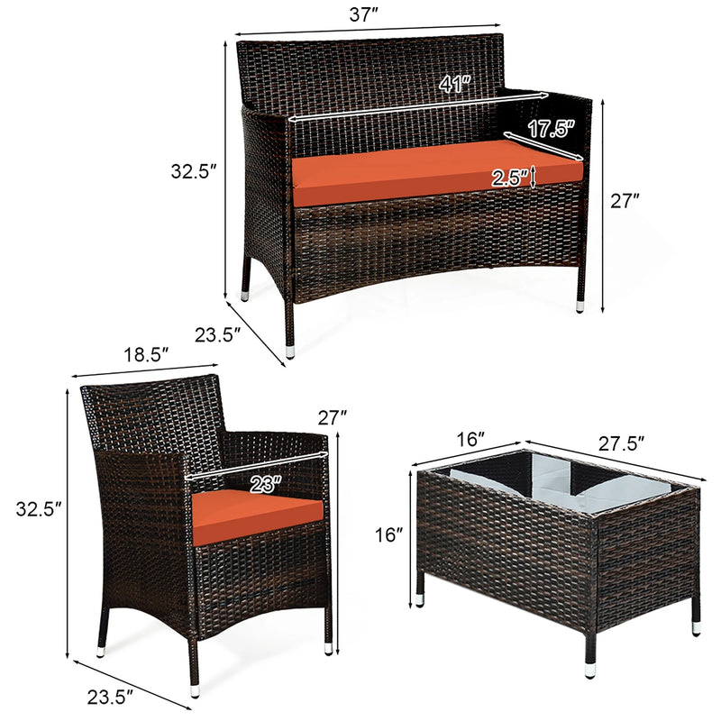 4PCS Patio Rattan Conversation Furniture Set Outdoor W/ Orange Cushion