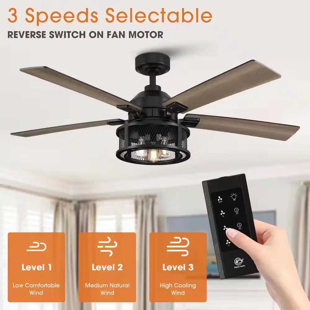 52 In. Indoor Industrial Mesh Metal Reversible Blades Black Ceiling Fan with Light Kit and Remote Control