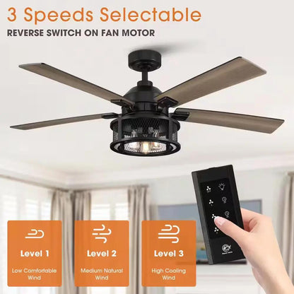 52 In. Indoor Industrial Mesh Metal Reversible Blades Black Ceiling Fan with Light Kit and Remote Control