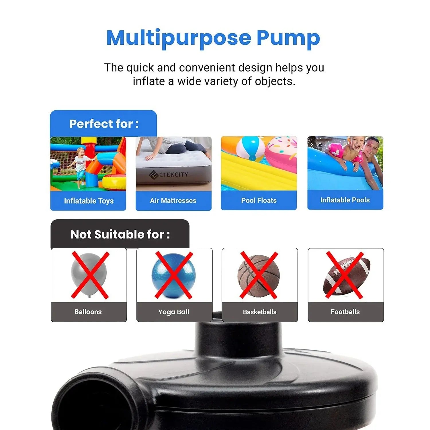 Electric Air Pump Air Mattress Portable Pump for Inflatables Couch, Pool Floats, Blow up Pool Raft Bed Boat Toy, Quick-Fill AC Inflator Deflator with 3 Nozzles, One Size, Black