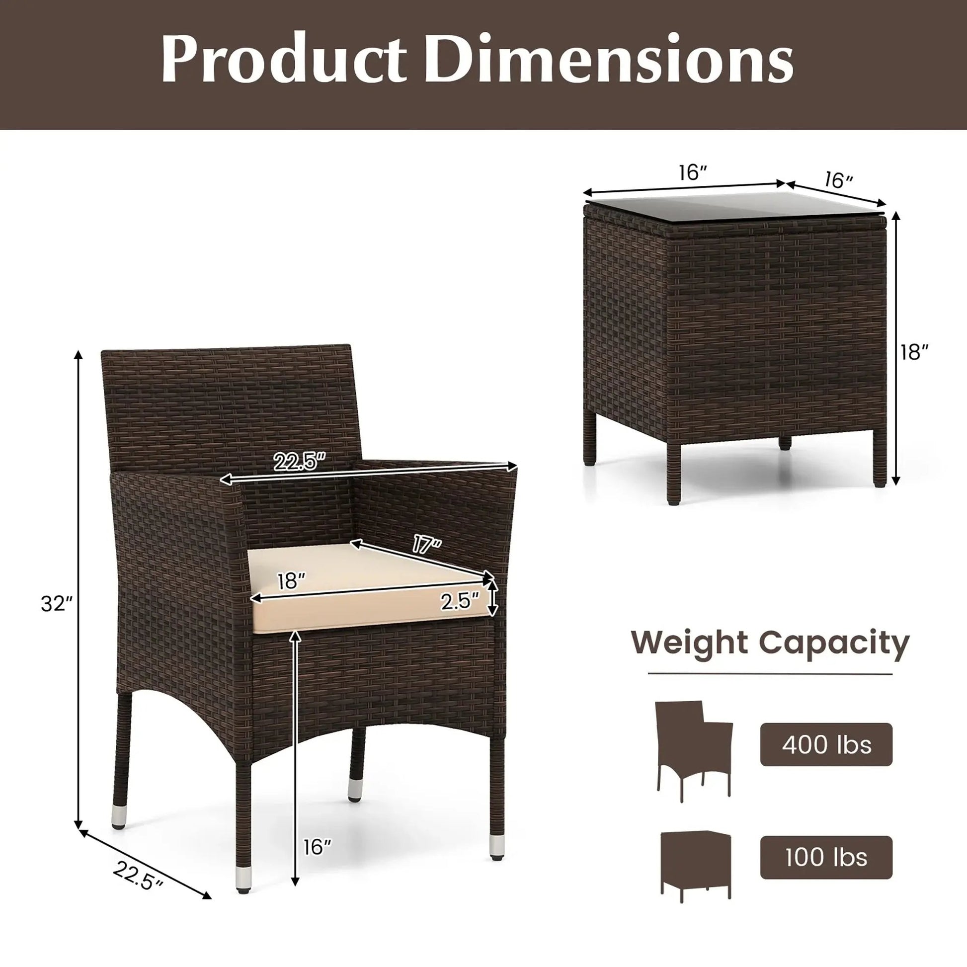 Stylish 3-Piece Outdoor Conversation Set with Cushioned Seats & Durable Tempered Glass Tabletop