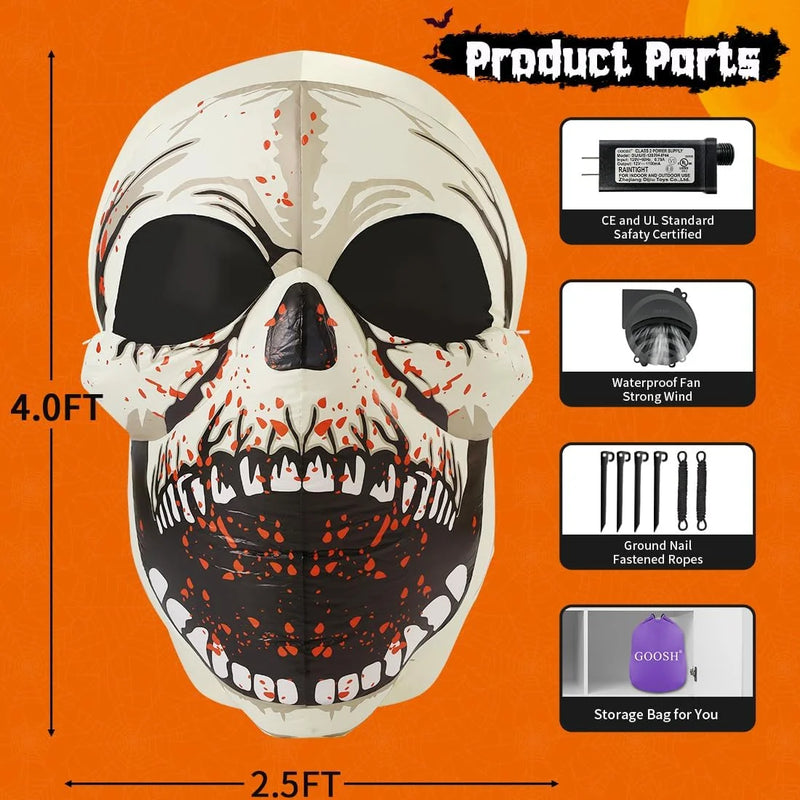 Halloween Inflatables 4 FT High Halloween Inflatable Skull with Magic Leds, Scary Skulls Inflatable Halloween Skull Inflatable, Outdoor Halloween Decorations Clearance for Holiday Party