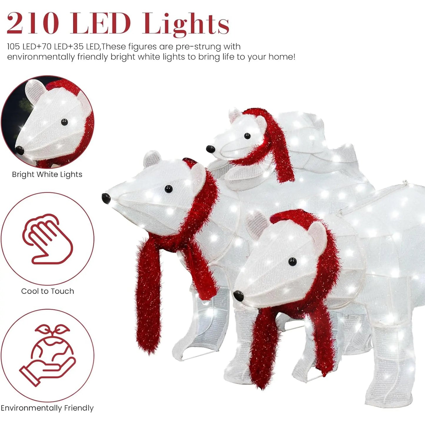 Enchanting 3-Piece Lighted Polar Bear Family Set for Magical Outdoor and Indoor Christmas Decor - 210 Warm LED Lights Included!
