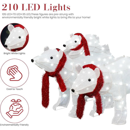 Enchanting 3-Piece Lighted Polar Bear Family Set for Magical Outdoor and Indoor Christmas Decor - 210 Warm LED Lights Included!