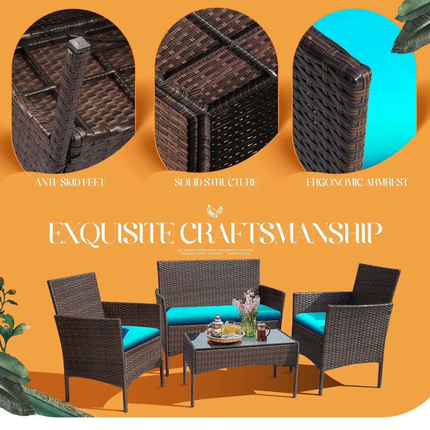 4 Piece Outdoor Patio Furniture PE Rattan Wicker Table and Chairs Set with Cushions, Blue