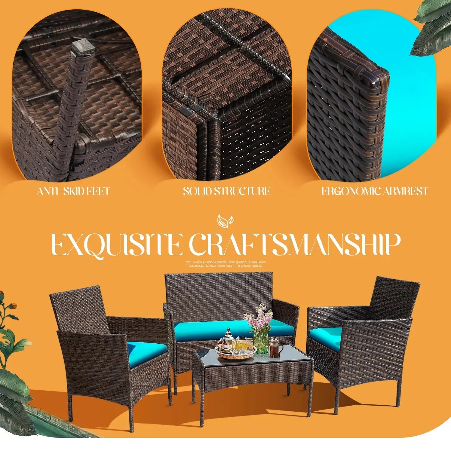 4 Piece Outdoor Patio Furniture PE Rattan Wicker Table and Chairs Set with Cushions, Blue