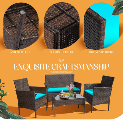 4 Piece Outdoor Patio Furniture PE Rattan Wicker Table and Chairs Set with Cushions, Blue