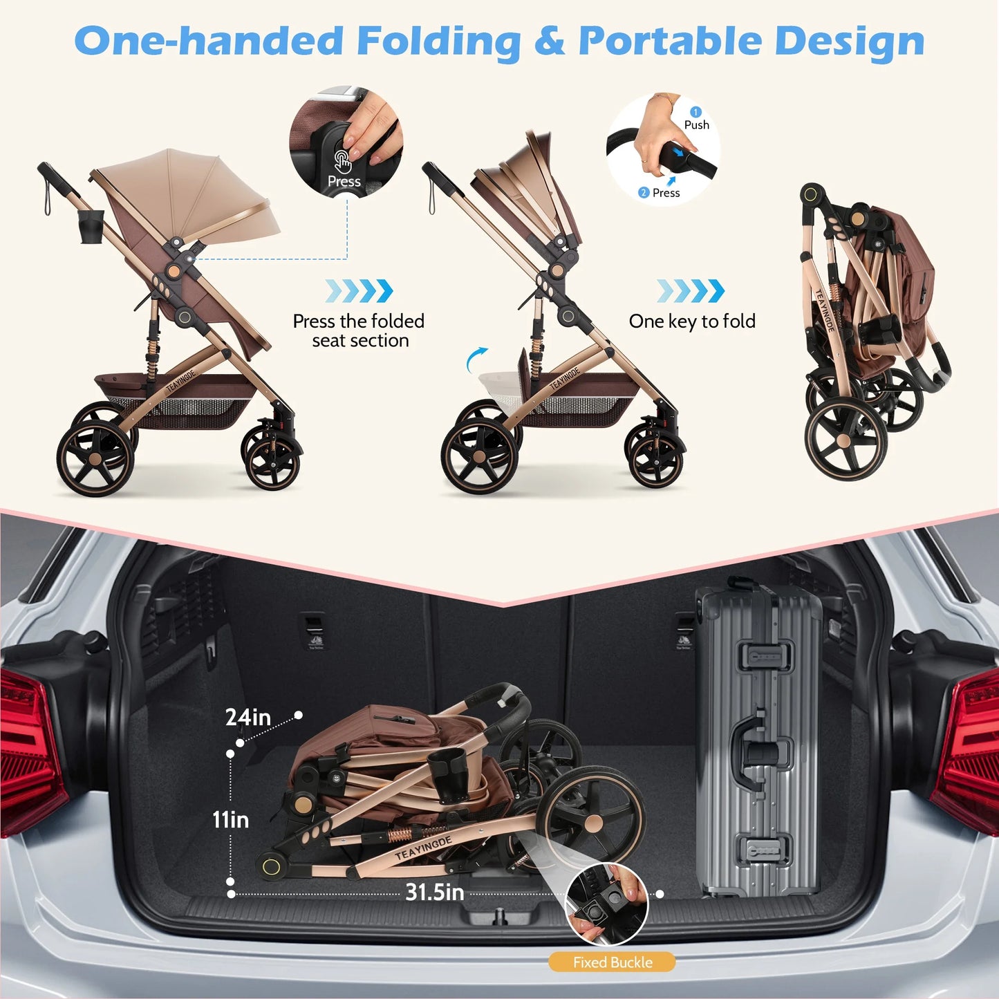 Versatile 2-in-1 Baby Stroller: Lightweight, Foldable, and Reversible Bassinet Pram in Brown with Cup Holder and Storage Bag