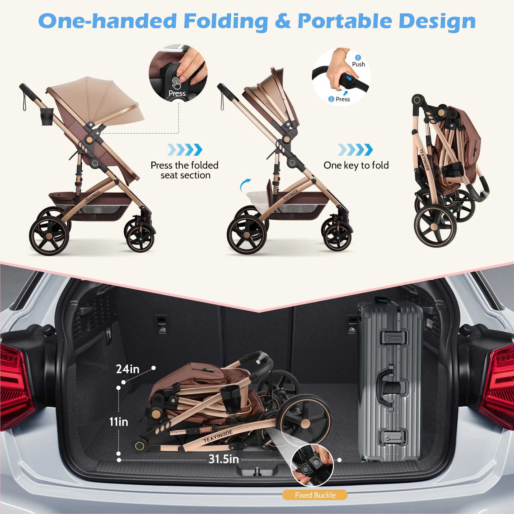Versatile 2-in-1 Baby Stroller: Lightweight, Foldable, and Reversible Bassinet Pram in Brown with Cup Holder and Storage Bag