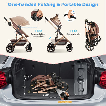 Versatile 2-in-1 Baby Stroller: Lightweight, Foldable, and Reversible Bassinet Pram in Brown with Cup Holder and Storage Bag