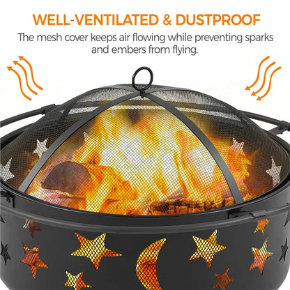 Iron Fire Pit with Poker Mesh Cover for BBQ Backyard Patio, Black