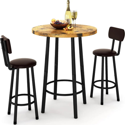 3 Piece Pub Dining Set, Modern Bar Table and Stools for 2 Kitchen Counter Height Wood Top Bistro Easy Assemble for Breakfast Nook Living Room Small Space Restaurant, Rustic Brown