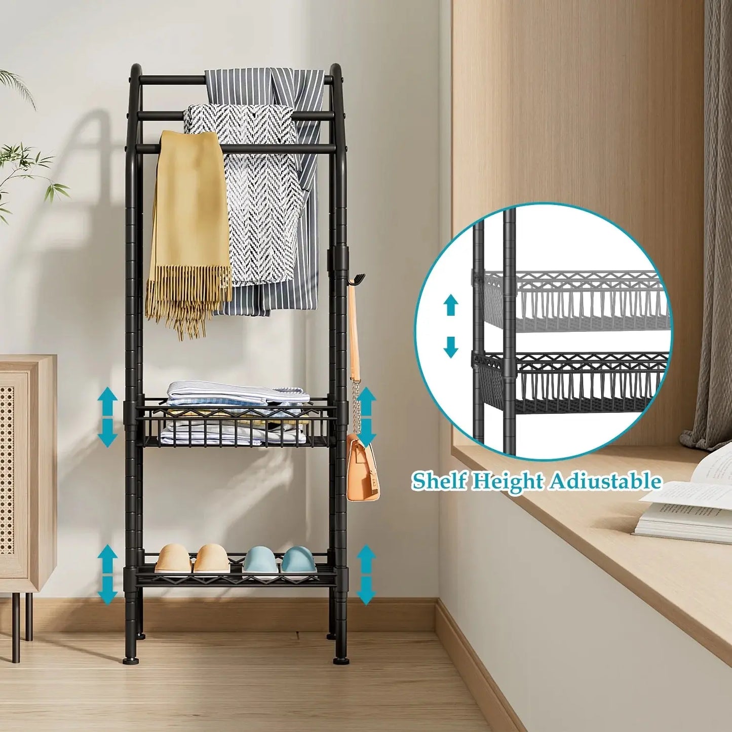Metal 3 Tiers Free-Standing Towel Rack, Adjustable Bathroom Storage Organizer Shelf, Bath Towel Standing Shelf for Swimming Pool, Black