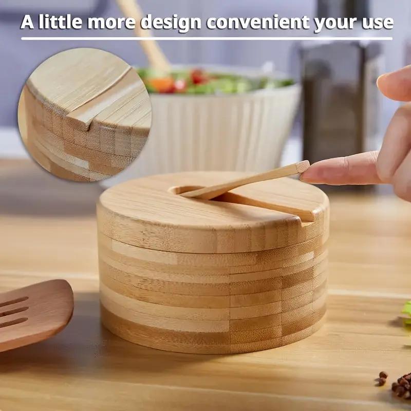 Expertly crafted, this bamboo seasoning container includes a secure lid and a convenient spoon for precise use. Our3Designs